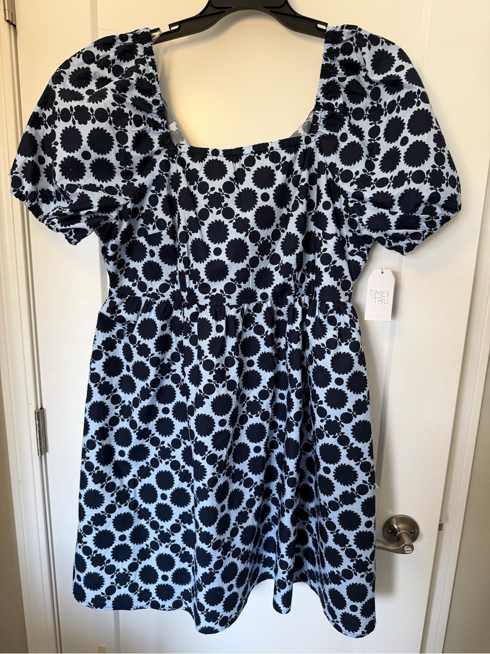 XL Blue and Navy Puff Sleeve Sunflower Print Dress